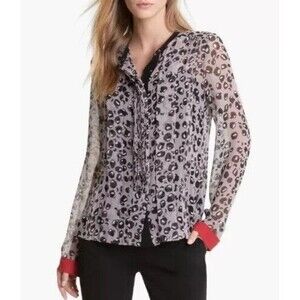 Diane von Furstenberg Blouse Size 6 100% Silk Ursula Sheer Gray Leopard Pleated